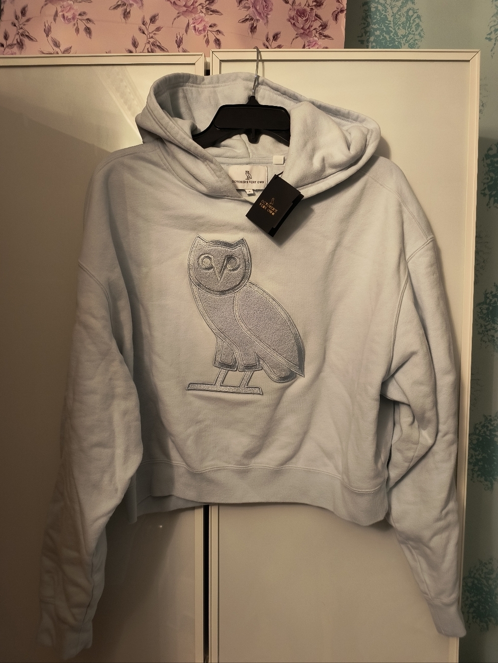 OVO October's Very Own Drake Owl Hoodie Cropped Light Blue Women's Sz L - Picture 2 of 5